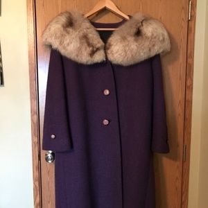 Vintage Woman's purple wool coat with fox Collar